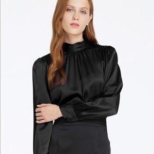 Vintage style mock neck puff sleeve silk blouse